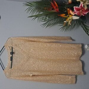 Moda International Gold Sequin Sweater Dress Sz Small PTP: 18" - 25.5" L 32.5